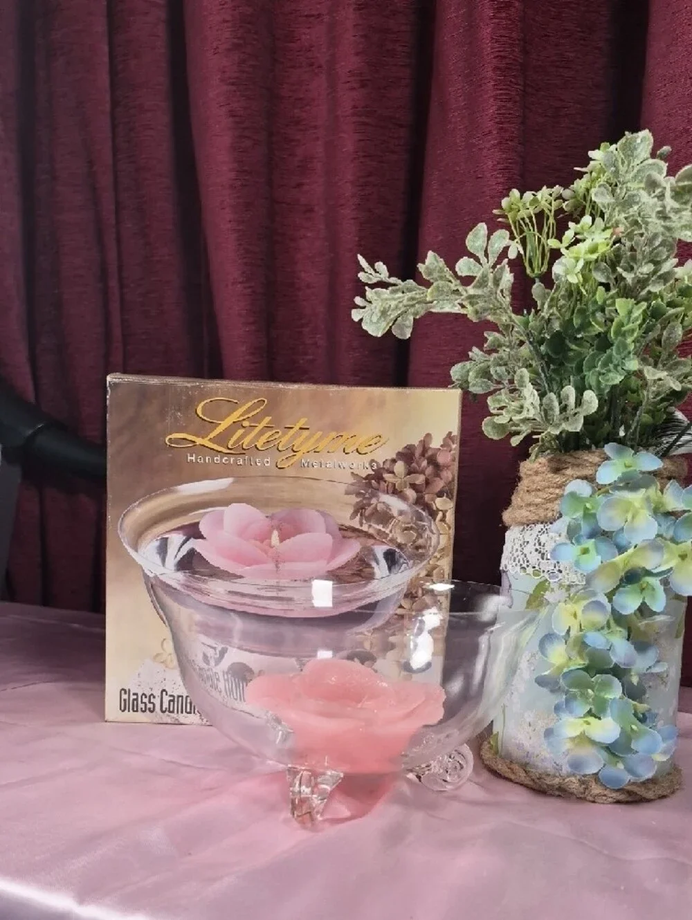 Litetyme Glass Candle Holder with Floating Rose Candle - Pink Nwe 2225